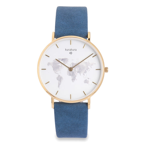 goldene Uhr mit grauer Weltkarte und blauem Kunstlederarmband von kurakura aus Saphirglas und Edelstahl